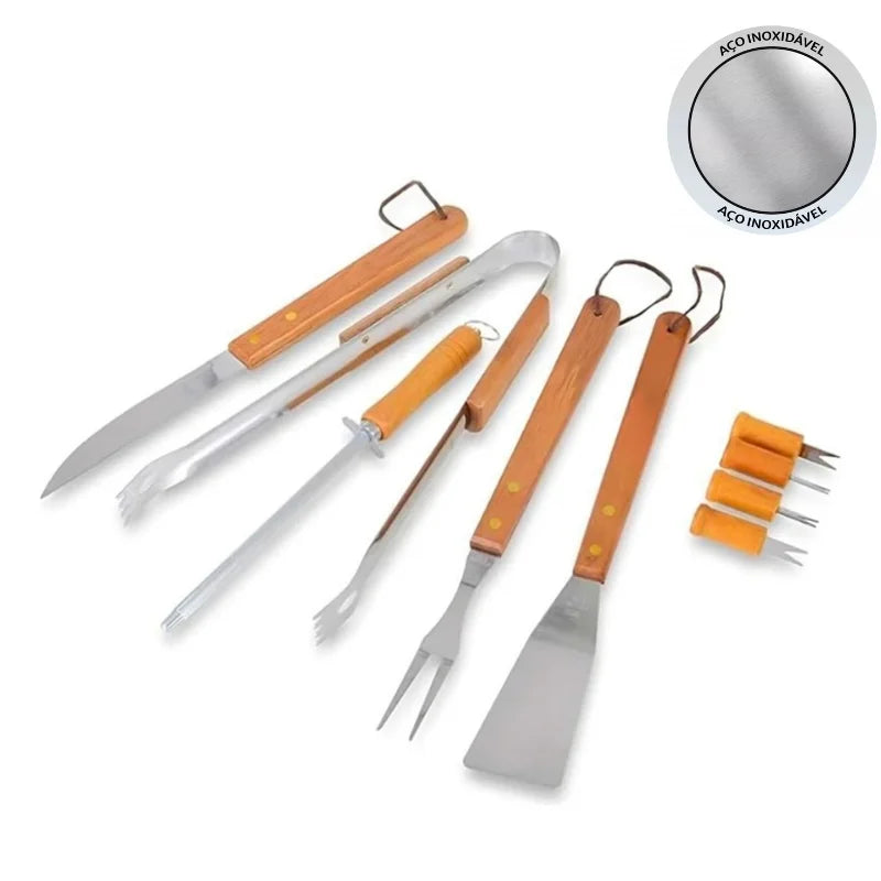 Barbecue Kit 9 Pieces Stainless Steel and Wood with Case